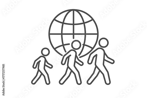 Global migration icon. People walking with planet earth. Vector line illustration for immigration, emigration, world travel. Refugee crisis, population movement, globalization.