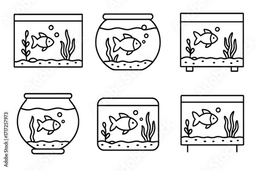 Aquarium and fishbowl line icon set. Simple outline fish in a bowl vector illustration collection. Editable stroke pet shop logo. Goldfish in water tank cartoon graphic.
