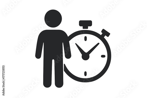 Person and stopwatch vector icon. Time management concept with man and timer. Symbol for deadline, productivity, efficiency. Clock countdown for fast work, punctuality, schedule.
