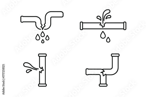 Broken pipe icon set. Vector line art symbols of leaking water pipes. Plumbing emergency, burst pipeline, and water damage concepts. Simple illustration for repair service.