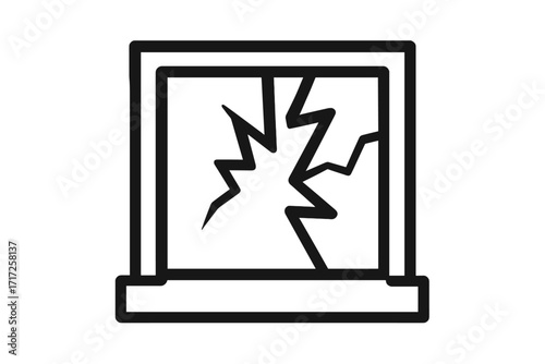 Broken window outline icon. Shattered glass symbol for web design. Vector line art illustration of a cracked window pane. Concept of damage, vandalism, accident or emergency.