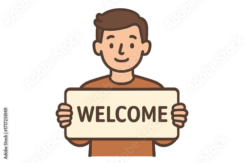 Young man holding welcome sign banner. Friendly cartoon character with a greeting message. Vector illustration for hospitality, invitation, meeting, or greeting concept.
