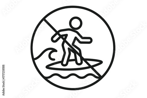 No surfing and no stand up paddleboarding prohibited warning sign. Water sport forbidden icon. Beach safety rules symbol. Danger on sea waves. SUP restricted area pictogram.