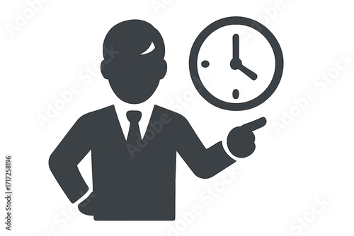 Businessman pointing at clock icon. Time management vector symbol. Deadline, schedule, appointment, and punctuality concept. Urgency metaphor. Business person illustration.
