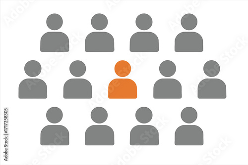 Person standing out from the crowd. Unique individual, different person icon. Concept of leadership, individuality, nonconformist. Symbol for recruitment, HR, talent search.