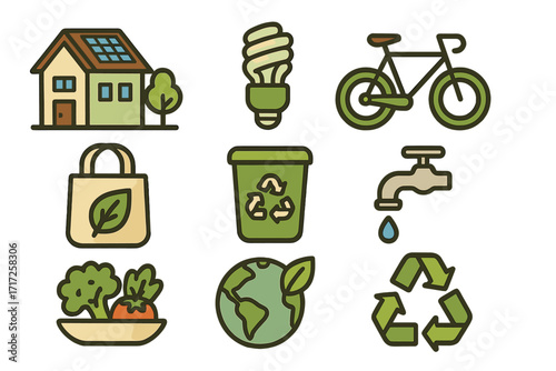 Sustainable living icon set. Eco friendly lifestyle, green energy and recycling concepts. Vector line art for ecology, conservation, solar panel, bicycle, and organic food.