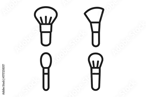 Cosmetic makeup brush icon set. Vector outline illustration for beauty, glamour. Make-up artist tools for powder, blush, eyeshadow, contouring. Line art symbol collection.