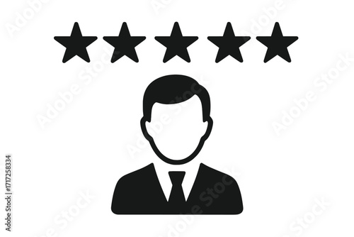 Five star rating icon with businessman avatar. Customer review and positive feedback concept. Symbol for excellence, quality service, satisfaction, and top performance.
