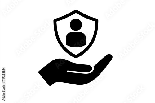 Protection icon with hand and shield. Concept of safety, security, and insurance. Vector for employee care, customer support, health, life, and well-being. Human safety.