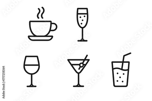 Drinks and beverages line icon set. Coffee cup, champagne, wine glass, cocktail and soft drink symbols. Simple outline vector icons for bar menu design. Editable Stroke.
