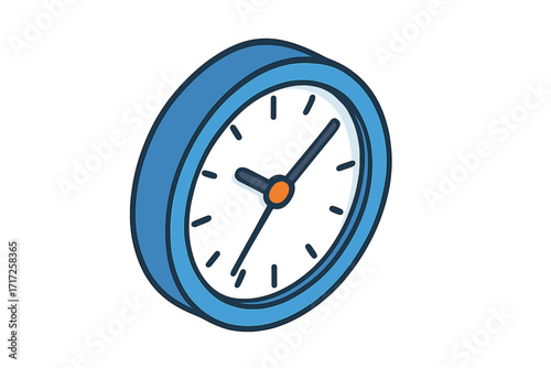 Clock isometric icon for web design. Vector cartoon illustration of a simple blue wall watch. Time management, deadline, and schedule concept. Modern logo element isolated.
