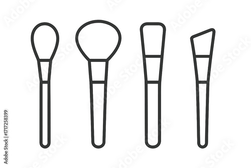 Cosmetic makeup brush set icon collection. Minimal line art for beauty, powder, foundation, blush. Vector symbol for web, app, social media. Makeup artist tool graphic design.