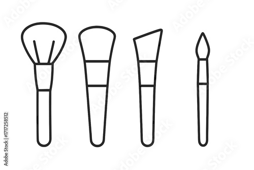 Cosmetic makeup brush set line art. Vector icons of professional artist tools for beauty, glamour, and skincare. Graphic elements for foundation, powder, contouring. Isolated.