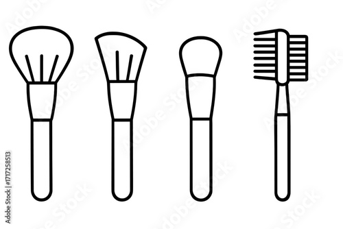 Cosmetic brush set outline line icons. Makeup artist tools for beauty, fashion. Vector icons for web, app, graphic design. Blush, powder, foundation, eyebrow, lash brush.