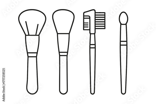 Cosmetic brush set outline icon collection. Vector graphic for makeup artist, beauty salon. Tools for powder, eyeshadow, eyebrow grooming. Line art illustration for web.