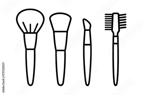 Cosmetic brush set outline icons. Vector line art illustration of makeup tools. Includes powder, foundation, angled liner, and eyebrow spoolie brush for beauty and cosmetic design.