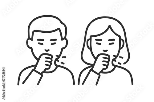 Man and woman coughing vector line icon. People sick with flu, virus, cold, or allergy. Respiratory infection, influenza, or disease symptom. Healthcare graphic element.