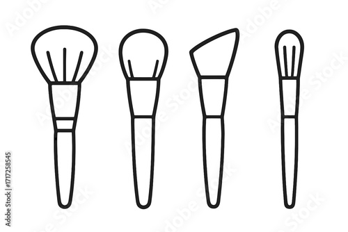 Makeup brush vector icon set. Cosmetic brushes collection for powder, blush, foundation, and contouring. Beauty tool outline symbol for web design, apps. Minimalist line art.