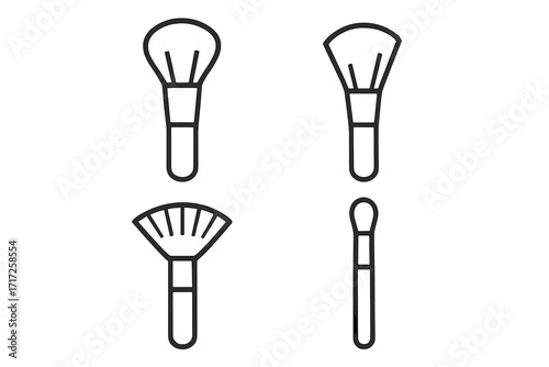 Cosmetic brush icon set. Makeup tool collection in a simple outline style. Vector symbols for beauty, powder, blush, foundation, and eyeshadow application for graphic design.