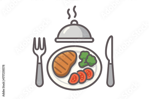 Dinner service icon with a meal on a plate under a cloche. Vector illustration of grilled steak and vegetables. Concept for restaurant, food delivery, healthy eating, nutrition.
