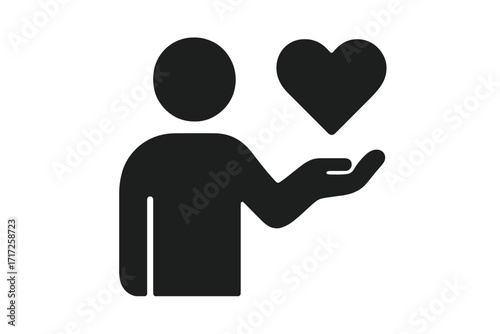 Person holding heart icon. Charity and donation symbol. Concept of love, care, help, support, and volunteering. Vector graphic pictogram for health and social assistance.