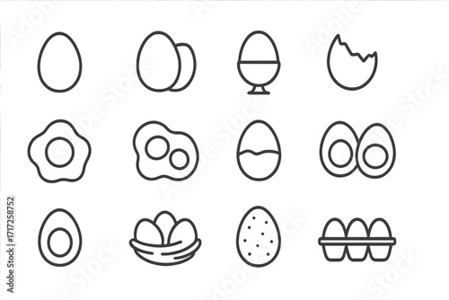 Egg thin line icons collection. Editable stroke vector pictogram set. Includes fried, boiled, broken eggshell, nest, and carton. Breakfast food symbol for web and apps.
