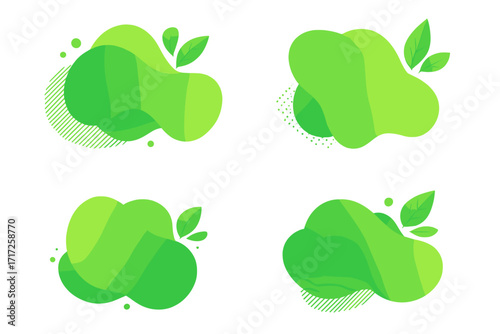 Set of trendy bio eco green fluid shapes. Vector geometric vegan liquid form. Modern abstract banner design with plant leaves. Natural organic logo element with text template.