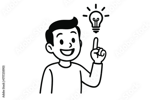 Creative idea concept with a happy character pointing at a lightbulb. Symbol for innovation, solution, eureka moment, inspiration, and brainstorming. Business discovery vector.