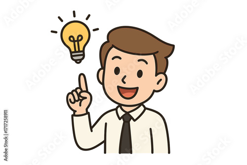 Man has a great idea. Light bulb over his head. Businessman eureka moment. Creative solution and inspiration concept. Innovation, insight, and problem-solving vector character.