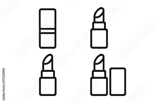 Lipstick icon set. Minimalist line art symbol for beauty, makeup, cosmetics. Vector graphic for web, app design, social media. Pomade, glamour, fashion product illustration.