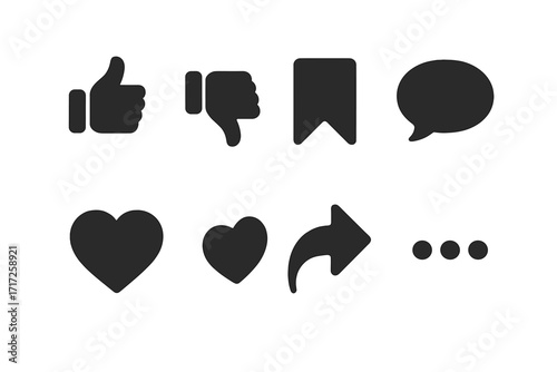 Social media interaction icon set. Vector symbols for user engagement, like, dislike, save, comment, favorite, share. UI UX elements for web design and app interface.