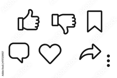 Social media interaction icon set. Like, dislike, comment, share, save, favorite. Vector symbols for digital communication, user engagement, app and web UI design elements.