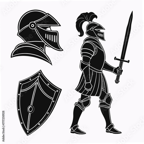 Knight armor helmet shield sword vector