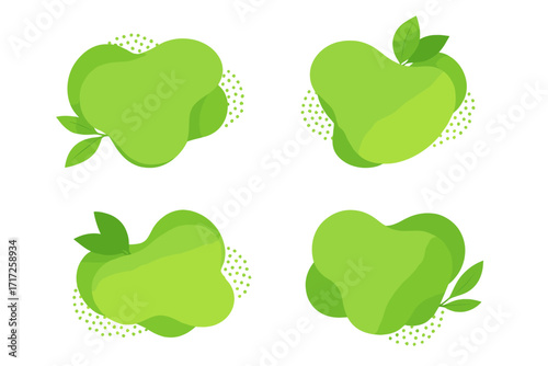 Set of trendy bio eco green fluid shapes. Vector geometric vegan liquid form elements. Modern abstract banner design with plant leaves. Organic fresh food label text template.