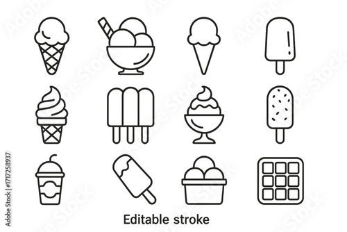Ice cream line icon set. Gelato, sundae, sorbet, popsicle symbols. Thin line vector pictograms for summer dessert menu, food app, sweet shop. Editable stroke collection.
