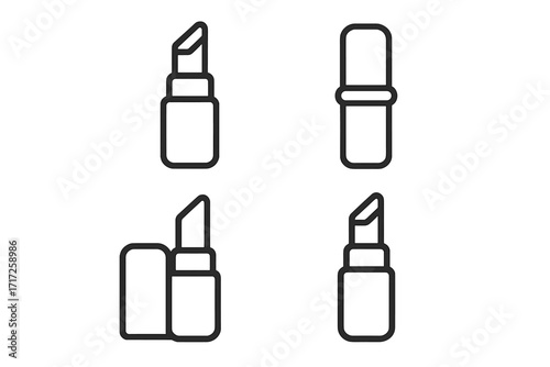 Lipstick outline icon set. Vector line art of cosmetic makeup product. Beauty glamour symbol for web design, apps, advert. Minimalist lip stick illustration collection. Isolated.