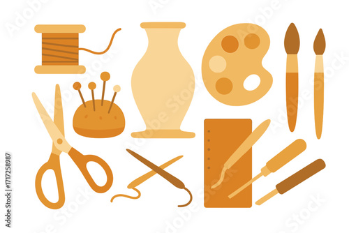Art and craft hobby tool set. Sewing, pottery, painting equipment collection. Creative handmade DIY concept. Includes scissors, thread, vase, palette, brush. Flat vector icons.