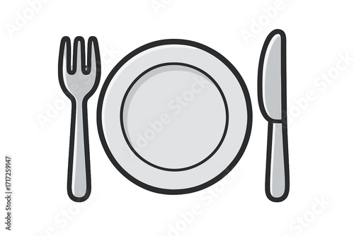 Plate, fork, knife vector icon. Empty dinner plate and cutlery for restaurant menu. Food, dining, meal concept. Table setting graphic. Lunch, breakfast, silverware symbol.