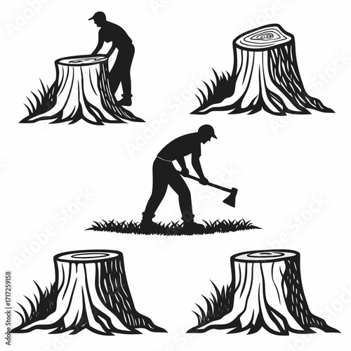 Lumberjack chopping wood and tree stumps vector