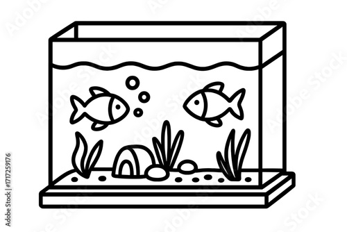 Aquarium line art vector. Fish tank cartoon illustration. Simple outline icon with fish, water, plants. Pet shop graphic concept. Underwater life, marine biology hobby design.