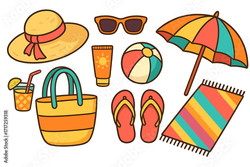 Summer beach vacation essentials icon set. Colorful cartoon vector collection for holiday travel. Fun accessories for relaxation: sun hat, sunglasses, umbrella, ball, bag.