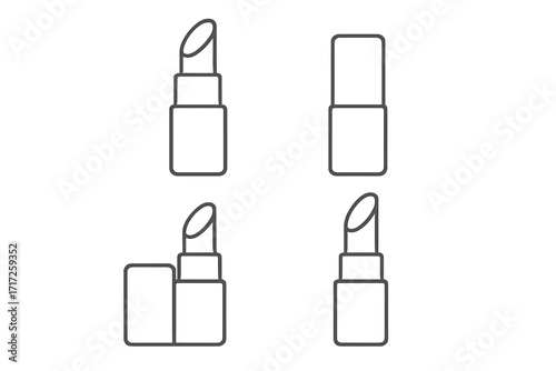 Lipstick icon set thin line art. Vector cosmetic glamour symbol. Minimalist makeup and beauty product outline illustration. Feminine lip care logotype for web and apps.
