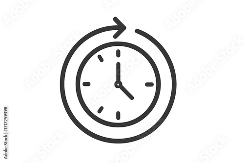 Time cycle icon. Clock with circular arrow. Time management concept. Deadline symbol. Continuous process, workflow loop. Project management illustration. 24 hour service sign.