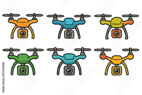 Colorful drone with camera vector illustration set. Quadcopter collection for aerial photography and video. Modern flying technology concept. Remote control UAV icons isolated.