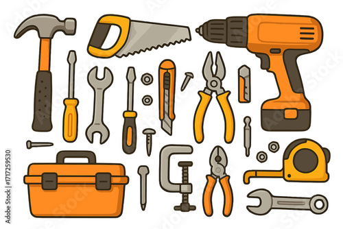Set of hand and power tools for home improvement and repair projects. Vector cartoon illustration with hammer, drill, saw, and toolbox. DIY construction and renovation concept.