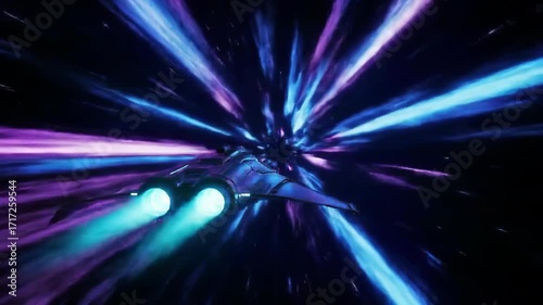 Spaceship flying through a tunnel of blue and purple light with glowing engine trails visible