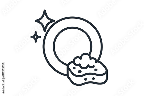 Dish washing line icon. Clean sparkling plate with a soapy sponge and foam bubbles. Household chores and cleaning service concept. Minimal vector illustration for web and apps.