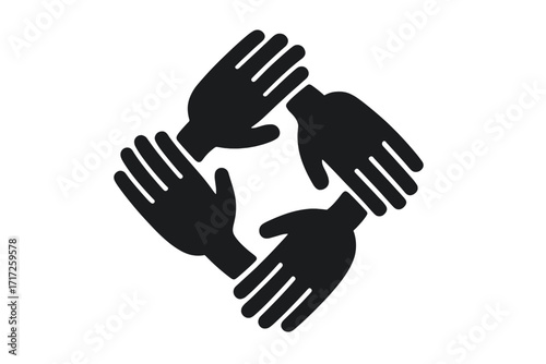 Four hands together icon symbol for unity, collaboration and teamwork. Vector logo design of people community, mutual support, solidarity and social connection concept.