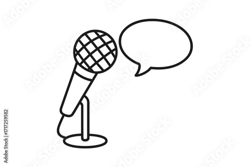Microphone speech bubble vector. Thin line icon for podcast, interview, public speaking. Voice audio recording. Stand-up comedy, show, announcement. Journalism, press conference.