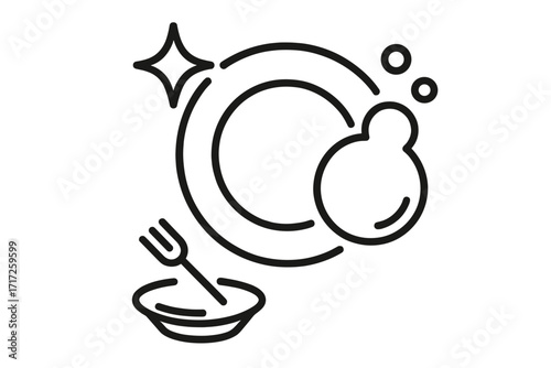 Dish washing line icon. Clean plates, fork and bowl with soap bubbles. Vector illustration for kitchen cleaning service, hygiene concept, chores or sparkling dishes pictogram.